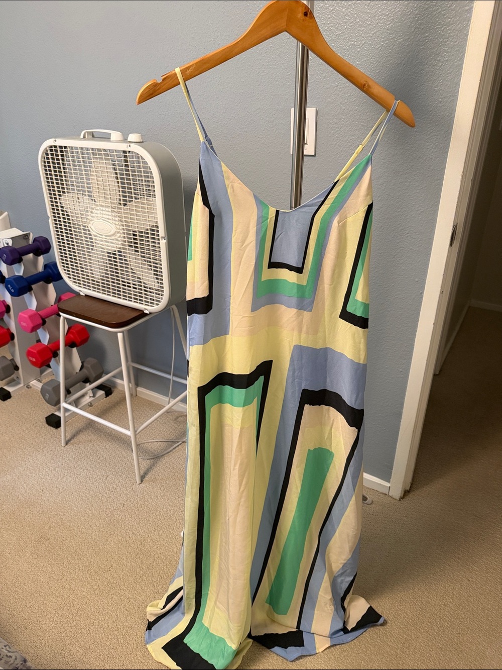 Maeve Geometric Maxi Slip Dress in Blue, Mint & Cream